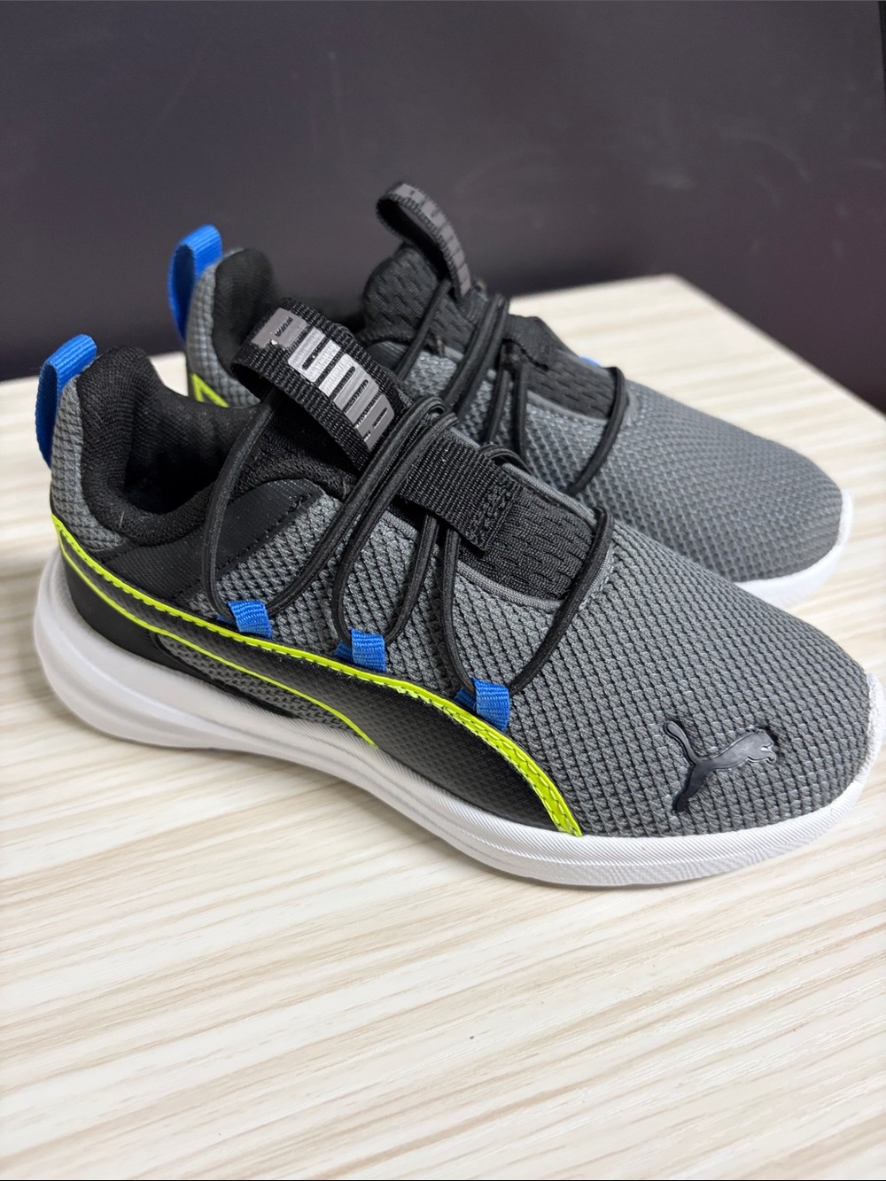 Puma Kids Gray Black Neon Yellow Athletic Sneakers with Blue Accents!! NWOT!!!
